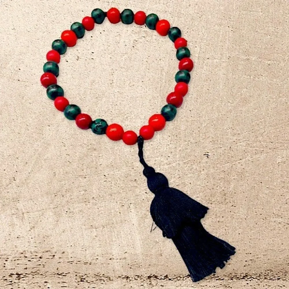 NEW Wood Bead Garland with Plaid Tassels